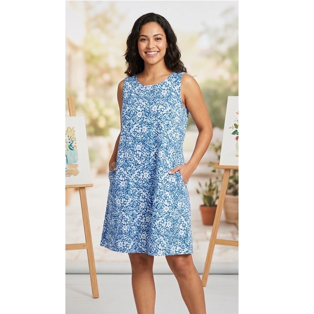 Rip Skirt Hawaii Shift Dress Sz XL Blue White Floral Sleeveless Pockets Stretch